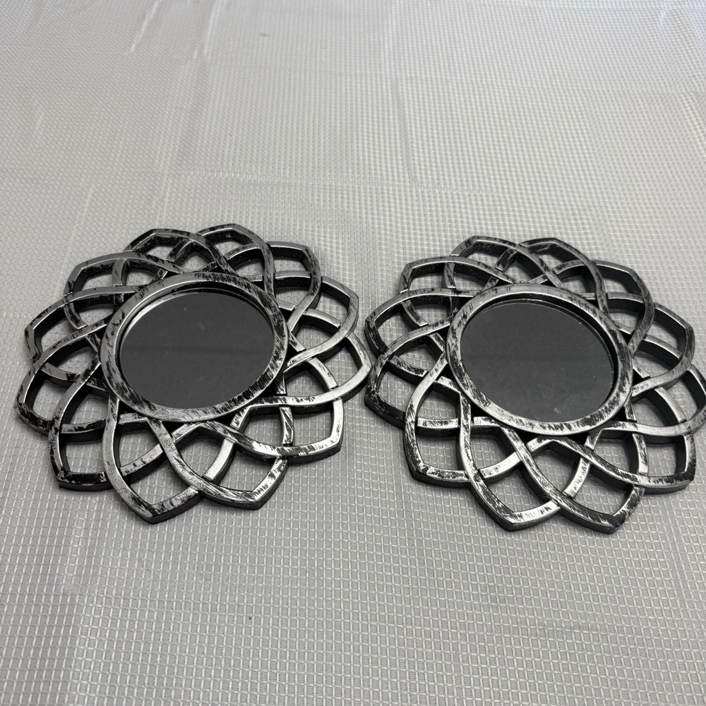 2 Home Wall Decor Distressed Silver Plastic Sunburst Mini Accent Mirror 9"